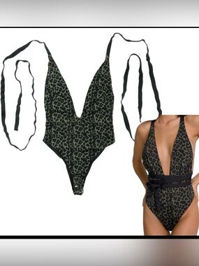 Good American Green Black Deep Cut Wrap One Piece Reversible Swimsuit NWT Size 7